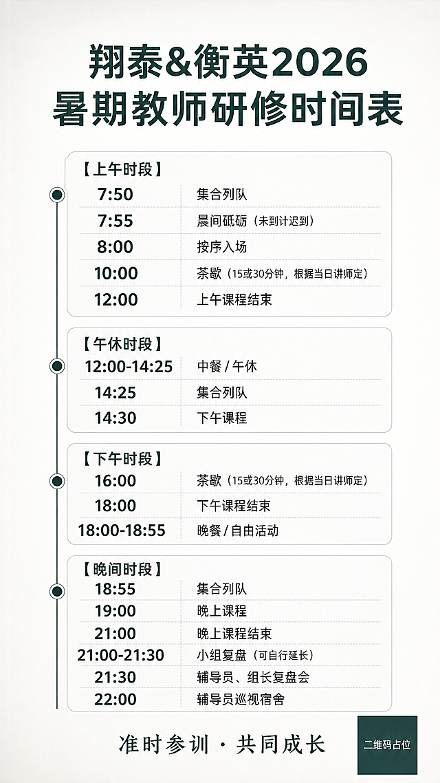 基于参考图重新设计，保留完整的时间表内容和四时段分区结构，但底图改为极简风格。去掉所有竹叶、书本、钢笔、灯塔、山水、飞鸟等装饰元素，背景改为纯净的浅灰白色或极淡的米白色纯色底，最多加一层非常 subtle 的顶部到底部微渐变。整体走极简留白风，信息卡片用细线条边框或极浅的灰色块区分，不再用彩色渐变卡片头。标题字体简洁现代，颜色用深灰或深墨绿，去掉装饰性分割线和书本图标。所有装饰元素大幅删减，只保留必要的文字信息，画面干净清爽，大量留白，突出时间表内容本身。版式精美，信息清晰易读，字体较大。

画面中必须完整呈现以下文字信息：
主标题"翔泰&衡英2026暑期教师研修时间表"
【上午时段】"7:50 集合列队""7:55 晨间砥砺（未到计迟到）""8:00 按序入场""10:00 茶歇（15或30分钟，根据当日讲师定）""12:00 上午课程结束"
【午休时段】"12:00-14:25 中餐/午休""14:25 集合列队""14:30 下午课程"
【下午时段】"16:00 茶歇（15或30分钟，根据当日讲师定）""18:00 下午课程结束""18:00-18:55 晚餐/自由活动"
【晚间时段】"18:55 集合列队""19:00 晚上课程""21:00 晚上课程结束""21:00-21:30 小组复盘（可自行延长）""21:30 辅导员、组长复盘会""22:00 辅导员巡视宿舍"
底部"准时参训 · 共同成长"

画面中所有数字必须精确渲染，不得错位、遗漏或编造。画面中所有信息区域必须填充完整，不得出现空白框。画面中二维码区域使用纯色方块占位符呈现，标注"二维码占位"文字。