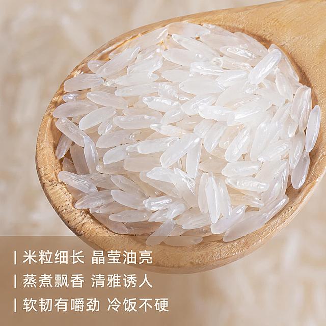 [主图-3] 广东丝苗米细节卖点主图，微距展示米粒晶莹质感，风格为简约自然质感风，突出产品细节，要求商业微距摄影质感，超高清细节，光线通透，纹理清晰。木质勺子盛满丝苗米，做微距特写，每一粒米细长分明，晶莹白净油亮透光，颗粒质感清晰可见，背景虚化低饱和度浅米色，保持米粒外观质感颜色和产品原图完全一致，精细化处理每一颗米粒。商品主体占比约75%，画面干净突出细节。光影采用侧逆光打光，通透光线穿过米粒，突出晶莹油亮质感，阴影柔和不生硬。配色主色调米粒米白色，勺子原木浅棕色，背景浅米色，整体低饱和暖调，高级干净。采用俯视微距特写，勺子斜放构图，视觉焦点完全集中在米粒细节上。文字版式：底部浅棕色半透明蒙层，左对齐排列三个卖点，每行一个，文字为米白色：第一行"米粒细长 晶莹油亮"，第二行"蒸煮飘香 清雅诱人"，第三行"软韧有嚼劲 冷饭不硬"，字号适中，清晰可读不遮挡米粒主体。生成1:1比例，2048*2048分辨率，文字清晰锐利，画面超高清。负面提示词：变形，文字错乱，产品图模糊，背景杂乱，水印，电商平台Logo，过度修图，颗粒模糊