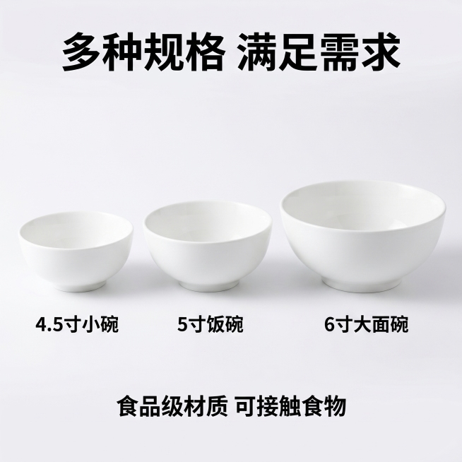 [主图-5]纯白色陶瓷碗多规格SKU展示图。展示不同尺寸可选，帮助用户决策。氛围风格：简洁规整，清晰直观。画质：商业摄影质感，清晰干净，真实自然。元素：将小碗、中碗、大碗三款不同尺寸的纯白色陶瓷碗整齐预览效果