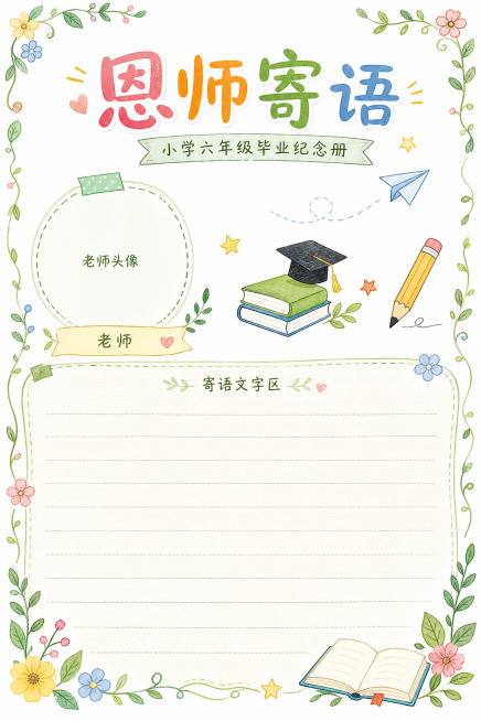 小学六年级毕业纪念册恩师寄语页，参考图片风格，白底手绘风，预留老师头像和寄语文字区域，装饰简约植物花边，尺寸A4 210*297mm预览效果