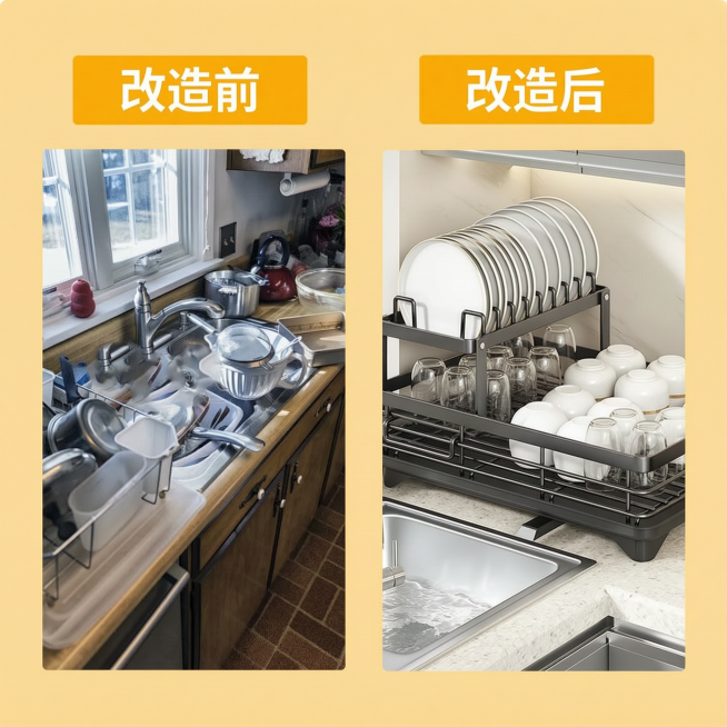 将图片左侧黄色块的'BEFORE'替换为中文'改造前'，右侧黄色块的'AFTER'替换为中文'改造后'，保持原字体、排版和黄底白字的颜色不变，其他内容不修改预览效果