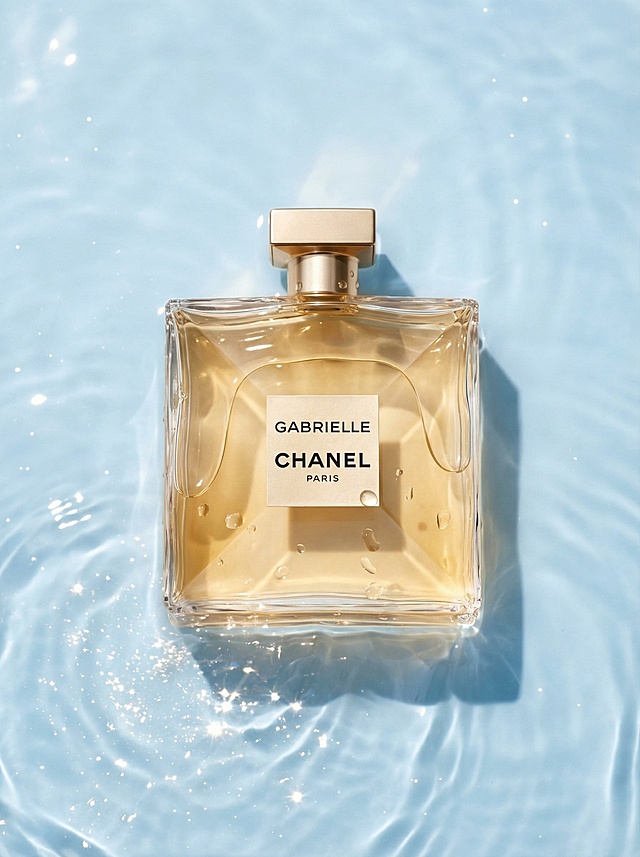A perfume product shot in an incredibly captivating underwater photography style.
