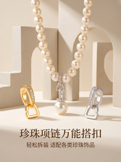 将原图片背景修改为米白色立体建筑物光影背景，提升整体图片清晰度让产品更高清，在图片左右两侧各添加一个图2中的万能扣产品（分别放置金色款和银色款各一个），保持原中间珍珠项链万能扣产品位置和所有产品细节不预览效果
