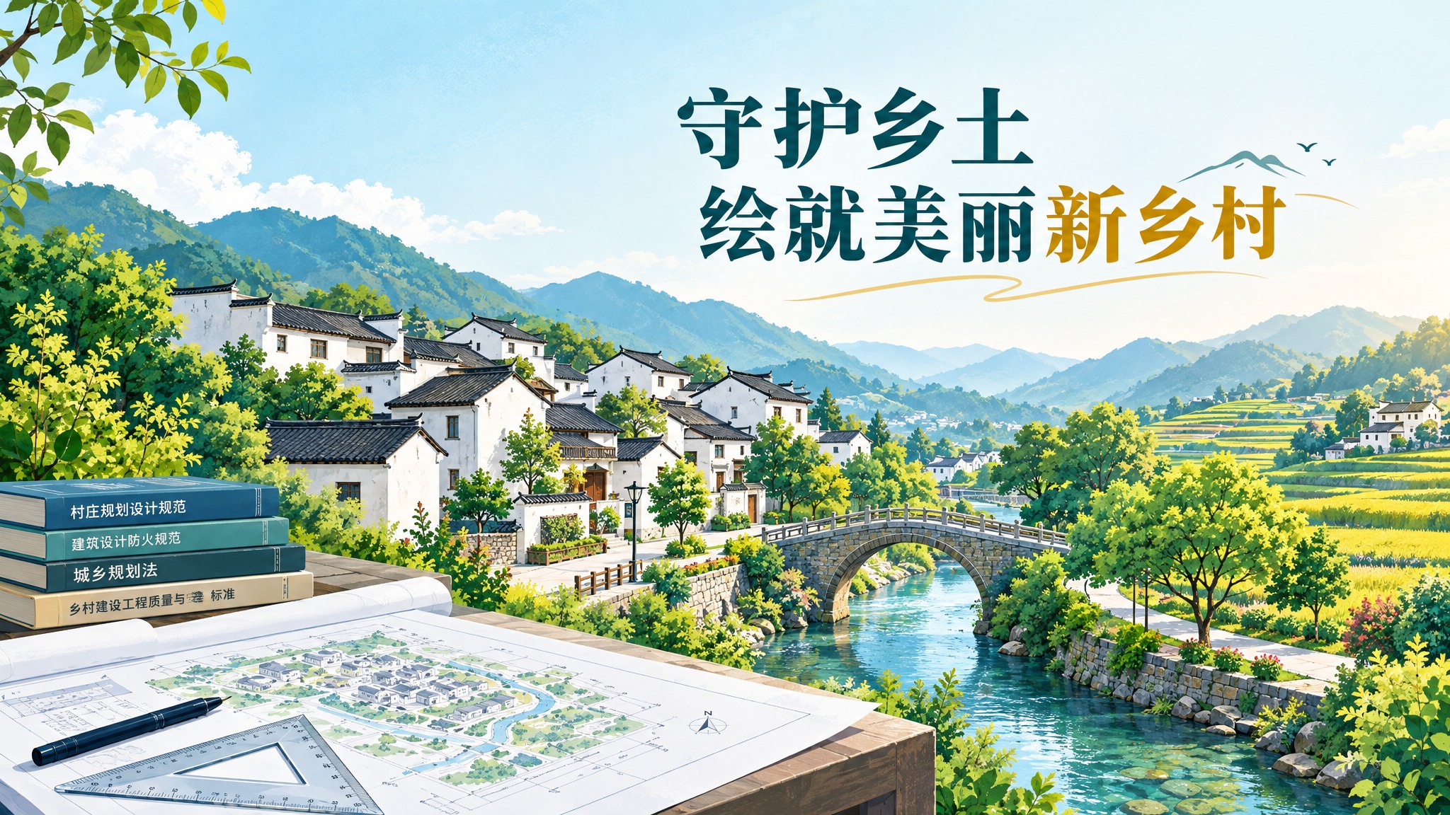 文章封面插画，主题为乡村振兴与乡村人居环境设计。画面为江南风格… - 图片创意预览