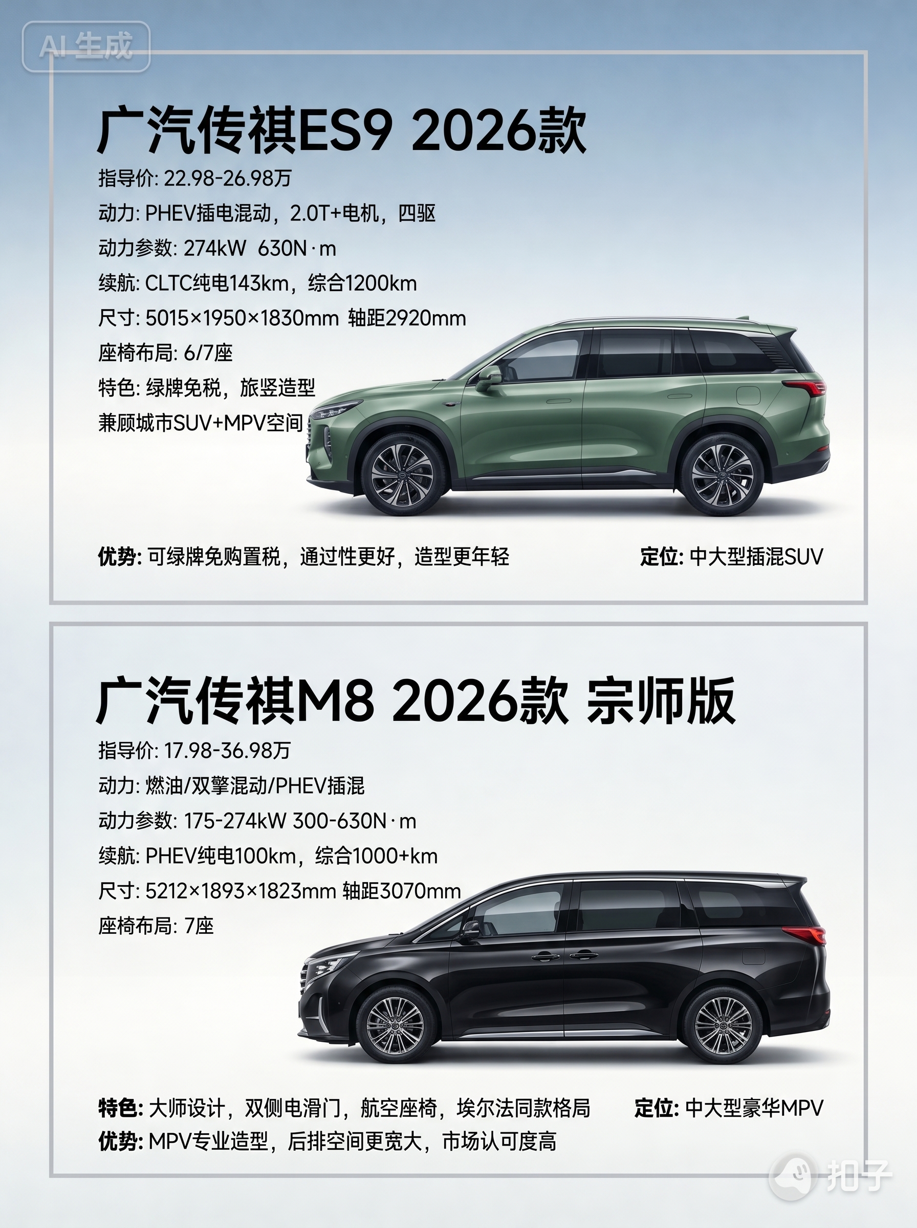 1:1复刻参考图版式，生成广汽传祺ES9 2026款和传祺M8… - 图片创意预览