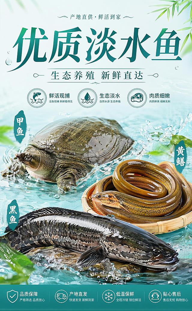 生鲜淡水鱼营销海报，主标题文字"优质淡水鱼"，副标题文字"生态养殖 新鲜直达"，装饰卖点文字"鲜活现捕""生态淡水""肉质细嫩"，画面清晰展示甲鱼、黄鳝、黑鱼三种鲜活淡水鱼，简约干净商业风格，浅青底色搭配水纹自然元素，文字排版分区清晰醒目，版式精美，比例约为18:29（换算自90*145厘米尺寸），突出生鲜新鲜水润的食欲感