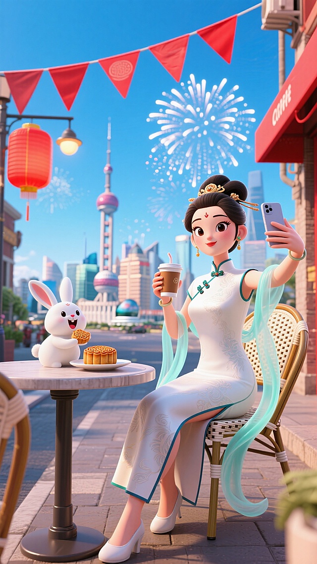 嫦娥穿着带有仙气飘带的白色的高定旗袍坐在上海街边咖啡的户外座位上，一手拿咖啡一手拿着手机自拍，一只白兔子在她身旁的桌面上吃一盘精致的月饼，做着夸张的自拍表情，天空漂浮着喜庆的纯色的红色三角旗帜，可以看到东方明珠，白日烟花，辉光效果，广角俯视，大透视