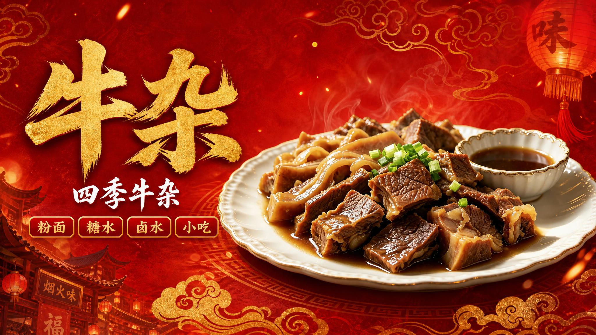 国潮餐饮风格牛杂海报，横向超宽幅，深红色渐变背景，带有金色祥云… - 图片创意预览