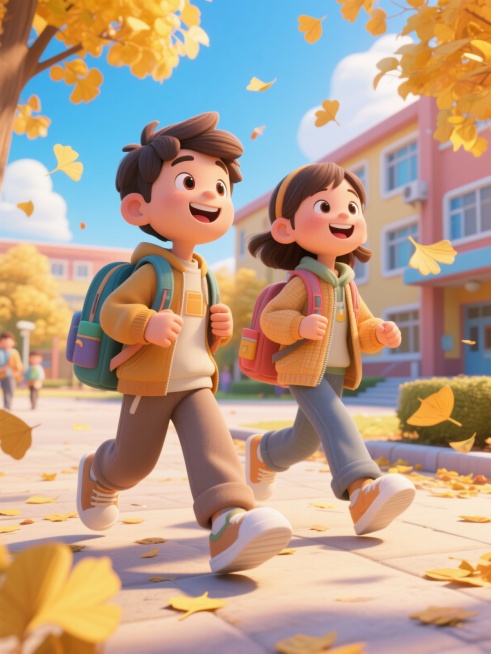 3D卡通风格的开学场景，背着书包的男孩女孩身着秋装，在洒满阳光的秋日校园中欢笑前行，金黄银杏叶随风飘落，背景有可爱的卡通教学楼和湛蓝天空，整体活泼明快且不含文字，洋溢着积极盎然的氛围预览效果