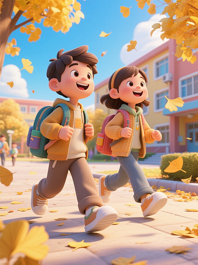 画面呈现3D卡通风格的开学场景：背着书包的男孩女孩身着秋装，在洒满阳光的课堂努力学习，金黄银杏叶随风飘落，背景教室，整体活泼明快且不含文字，洋溢着积极盎然的氛围，尺寸调整为3:4