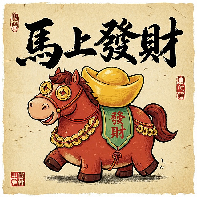 国潮风卡通马拟人化设计，水墨质感背景搭配印刷风印章，喜庆红金配色，背负金元宝，寓意“马上发财”，节日氛围浓厚。