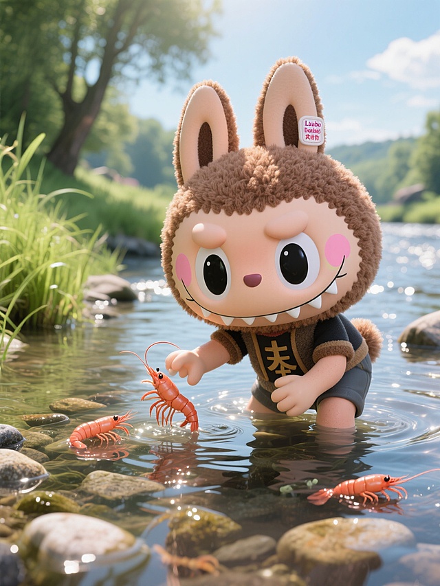 3D卡通拟人小兔，清新可爱，溪边捉虾，童趣盎然。