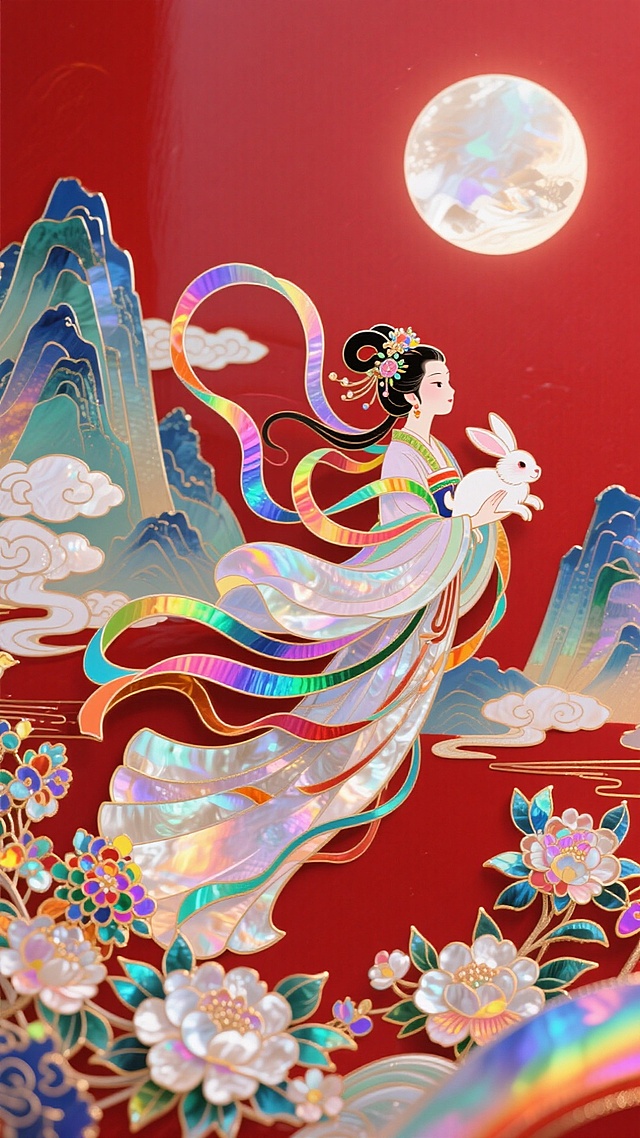日漫风格，嫦娥怀抱玉兔奔向一轮圆月，衣摆飘逸。周围环绕着祥云和盛开的花朵，背景山脉，红色底色，非常规的动态构图