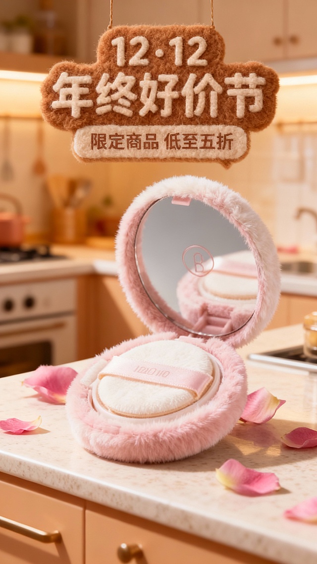 柔粉毛绒镜盒，轻拟物风设计，浮雕质感文字，搭配花瓣点缀，营造甜蜜温馨的复古氛围，呼应12.12年终好价节的舒适浪漫感。