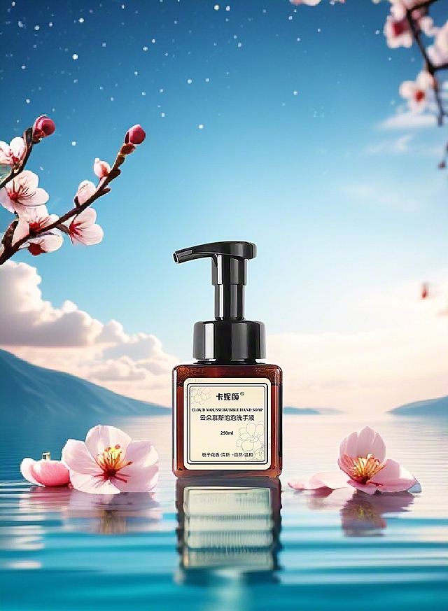 蓝天、湖水与粉樱相映成画，清新有诗意。