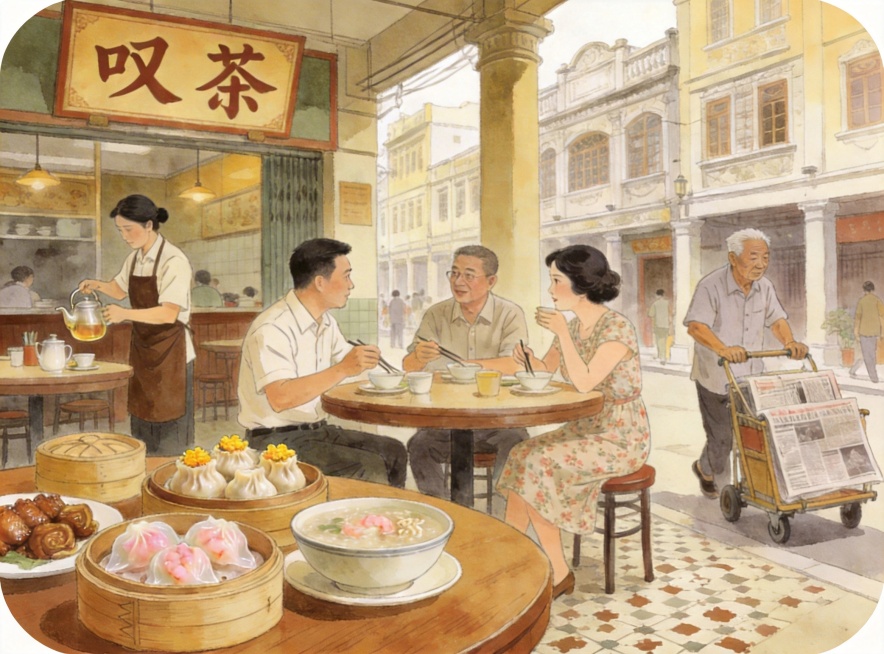 将这张广州早茶场景绘画的四个角修改为圆角，保持画面所有内容、水彩绘画风格和尺寸比例完全不变预览效果