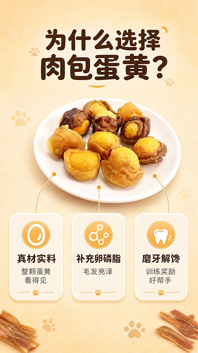 [商品] 使用【图1】白盘装双口味肉包蛋；保留产品形态、颜色、结构；商品处理：保留原貌，作为中心展示主体，不改变产品。
[画面] 目标：三大核心理由拆解，集中输出核心卖点。构图：中心产品占画面40%，向外引出三条线分别指向三个圆角信息卡，呈三角分布；背景为浅米杏渐变+细微纹理，底部有装饰性爪印和肉干小元素。景别：中景，产品居中。
[视觉] 套系策略：风格=暖调治愈系宠物零食商业摄影；标题字=圆润粗黑体；正文字=简洁无衬线体；主色=浅米杏；背景延展=基于浅米杏做深浅层级、同色渐变和细腻哑光纸张/木质质感；强调色=暖橙黄，仅用于小面积图标、引线和标签；标题色=深棕褐；正文色=中暖灰；组件=圆角浅底信息卡、细线引线、爪印小图标；光影=正上方暖柔光，均匀明亮。
[文字] 顶部主标题"为什么选择肉包蛋黄？"；三个卖点卡：1. 真材实料 整颗蛋黄看得见；2. 补充卵磷脂 毛发亮泽；3. 磨牙解馋 训练奖励好帮手；每个卖点配小图标，全部横排。
[规格] 图片比例9:16竖版，4K，避免变形、错字、文字过小、冷蓝背景、绝对化用语、医疗功效。