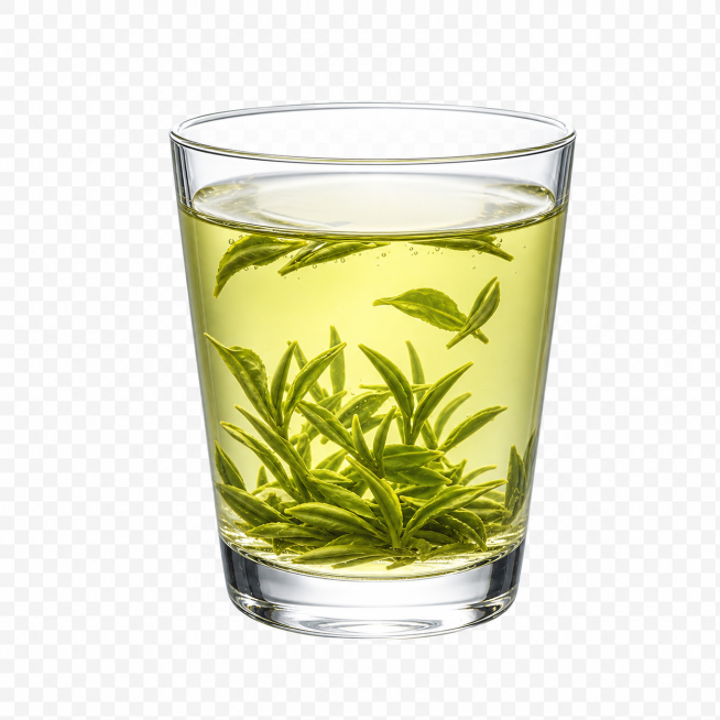 参考原图杯子尺寸，生成透明玻璃杯泡绿茶图标，杯子内开水泡茶，拟物渲染，彩色，去掉背景底色，仅保留杯子和茶汤绿茶，不包含其他设备，用于饮水机图标预览效果