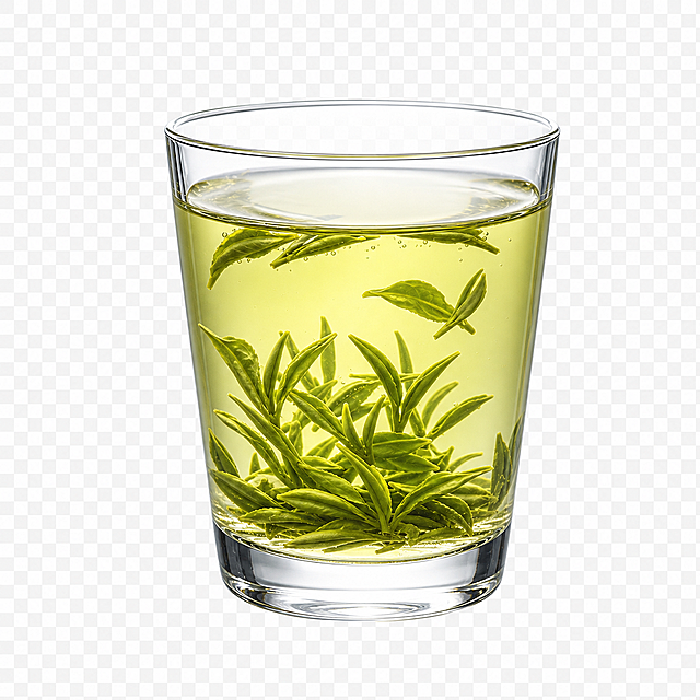 参考原图杯子尺寸，生成透明玻璃杯泡绿茶图标，杯子内开水泡茶，拟物渲染，彩色，去掉背景底色，仅保留杯子和茶汤绿茶，不包含其他设备，用于饮水机图标