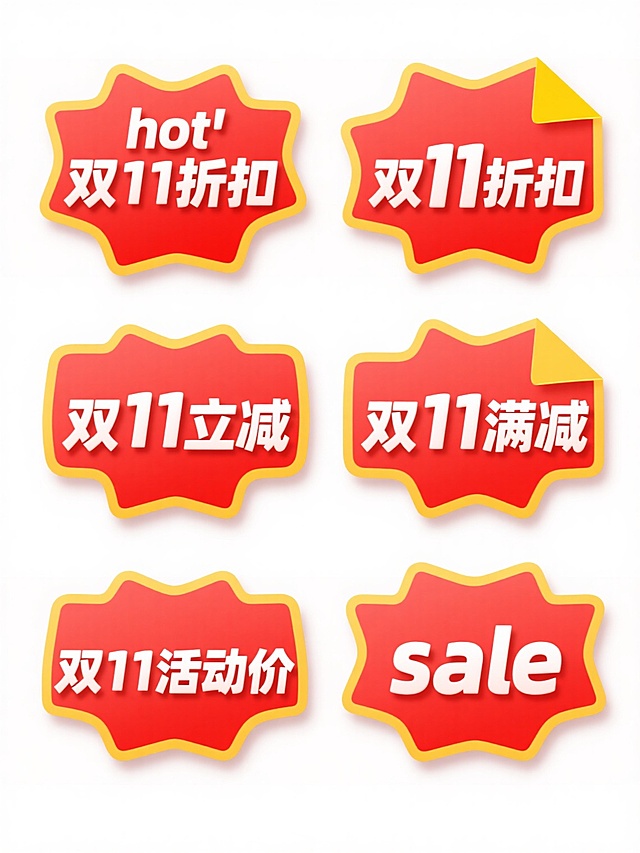 六个规整排布的促销标签素材，每个标签均为不规则爆炸形状，采用红色纯色背景，黄色细边框勾勒边缘，内部有白色立体加粗文字，标签右上角配有黄色尖角装饰。标签文案分别为“hot”、“双11折扣”、“双11立减”、“双11满减”、“双11活动价”、“sale”，整体风格统一，具有强烈的促销氛围和醒目的视觉效果。
