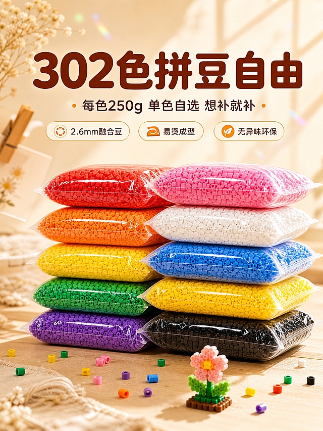 [商品] 使用【图1】【图5】多色250g拼豆补充包；保留透明自封袋包装、枕头形袋身、拼豆颗粒颜色与形态、2.6mm融合豆规格；增强袋子饱满度和塑料透明质感，拼豆颗粒清晰锐利。
[画面] 目标：氛围头图海报，打造手作治愈第一印象。构图居中对称偏下，8-10袋不同颜色的拼豆补充包呈阶梯式堆叠在画面中下部，颜色涵盖红、粉、橙、黄、绿、蓝、紫、白、黑等，主体占画面约55%。前景散落十几颗单独的拼豆颗粒和一个迷你拼豆成品（小花朵）。背景为暖米色渐变，上方有柔和的窗格光影和几缕彩色光斑，左上角有几片干花和一个木质小夹子点缀，整体3层以上视觉层次。
[视觉] 套系策略：风格=温馨治愈手作风 淘宝/天猫品质感；标题字=圆润粗黑体 带轻微圆角；正文字=简洁圆润无衬线体；主色=暖米杏色；背景延展=基于暖米杏做深浅渐变 叠加细腻纸张/木纹质感；强调色=橙黄色 仅用于小面积图标 引线 标签高亮；标题色=深棕红色；正文色=暖深灰；组件=圆角浅底信息卡 软曲线引线 圆点装饰；光影=左前侧暖柔光 窗边自然光感。
[文字] 画面上方居中大标题"302色拼豆自由"，副标题"每色250g 单色自选 想补就补"。标题下方3个小圆角标签横向排列："2.6mm融合豆"、"易烫成型"、"无异味环保"。文字放在上半部分负空间，不遮挡拼豆主体。
[规格] 图片比例3:4竖版，4K，避免变形、错字、文字过小、冷蓝/冷灰背景、拼豆颜色失真、袋子形态变形、水印、平台Logo。