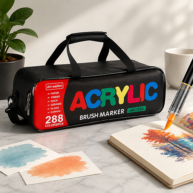 商业级产品摄影
主体：art marker set严格参照上传产品图，完整保留所有可见组件、部件、轮廓形状、结构、比例、材质质感、颜色与上传图完全一致，杜绝任何变形、色差、组件缺失、结构偏差。产品占画面65%，完整不裁切，充满画面，绝对前景主导，近景贴近构图，背景无其他同类产品。去除上传图中的促销文字、标签、水印、排版图层等非产品本体元素，仅保留产品logo与必要规格信息。
构图：三分法构图，视角偏转30°，平视视线高度。
风格：现代轻奢。
场景概念：设计工作室书桌一角，周末晨光洒入的创作时间。
承载与空间：① 桌面承载面，浅灰色天然大理石台面，细腻灰色纹理；② 后方背景墙，浅色乳胶漆，干净柔和，适度虚化。
陪衬物：① 画面右侧，一本打开的素描本，浅米白色纸张，亚麻装订，浅棕色；② 素描本旁，一只白色陶瓷咖啡杯，光滑釉面，纯白色；③ 画面左角落，一小盆绿色琴叶榕盆栽，栽在哑光黑色陶瓷花盆中，深绿色叶片；④ 盆栽前方，两支出完成色彩测试的水彩纸，浅蓝和暖橙色块，白色纸张。
配色：主浅灰60% / 辅米白+黑色25% / 点深绿色+暖棕色15%。画面实际颜色5种：浅灰 / 米白 / 黑色 / 深绿 / 暖棕。
材质：大理石 / 陶瓷 / 棉纸 / 木材 / 织物。画面实际材质5种：大理石 / 陶瓷 / 纸张 / 陶瓷 / 植物叶片。
光影：主光从左侧侧窗自然光斜入45°，照亮产品正面；辅光为桌面反射的柔和补光；产品边缘有柔和轮廓光切分；尼龙织物包袋呈现哑光细腻反光，陶瓷杯呈现柔和釉面高光，马克笔塑料笔杆呈现哑光柔反。
参数：4K 写实光追。严格锁定宽高比为 original，保持原图尺寸比例。
负向提示词：变形、水印、文字错乱、产品模糊、背景杂乱、悬浮、结构偏差