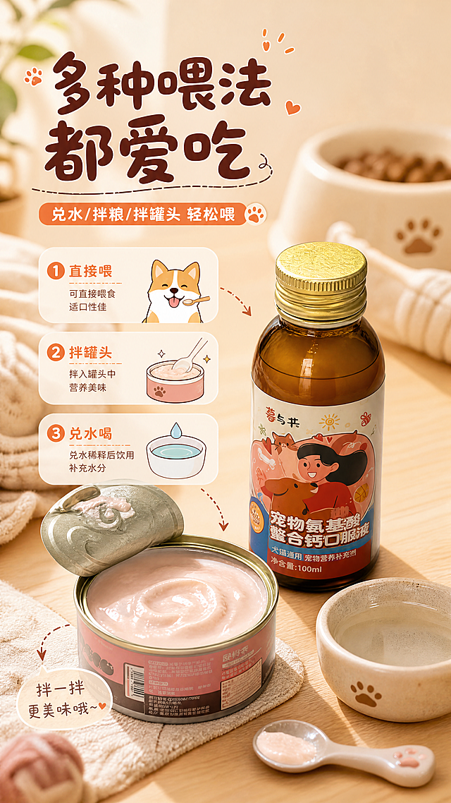 [商品] 使用【图3】宠物氨基酸螯合钙口服液+罐头组合（暮与井品牌棕色瓶+粉色罐头，罐头内乳白粉色膏体）；保留瓶身、罐头、膏体的结构、颜色、质感；产品与罐头自然摆放，展示拌食搭配。
[画面] 目标：喂食场景页，展示多种喂食方式（兑水、拌罐头），方便省心。构图：产品瓶+打开的罐头并置，占画面55%；罐头里的膏体有液体钙拌入的融合质感；旁边放小勺子、小水碗示意；背景为暖米色家居桌面，有虚化的宠物碗、小毯子装饰，营造居家养宠氛围；≥3层视觉层次。
[视觉] 套系策略：风格=温馨治愈宠物风商业摄影+轻卡通插画融合；标题字=圆润可爱粗体（卡通手写感）；正文字=简洁圆润无衬线体；主色=暖米杏+暖橘棕+奶粉；背景延展=基于暖米杏做深浅渐变、柔和光斑、桌面木纹质感；强调色=暖橘红，仅用于小面积图标、引线、标签；标题色=深棕红；正文色=暖棕灰；组件=圆角气泡信息卡、爪印icon、虚线箭头引线；光影=左前侧暖柔光，产品和罐头底部自然投影。
[文字] 左上主标题「多种喂法 都爱吃」，副标题「兑水/拌粮/拌罐头 轻松喂」，配2-3个喂食方式小图标+说明：①直接喂 ②拌罐头 ③兑水喝；文字在左上，不遮挡产品和罐头主体，全部横排。
[规格] 图片比例9:16竖版，4K分辨率，medium质量；避免变形、错字、文字过小、冷蓝背景、产品颜色改变、医疗化功效承诺、极限词。