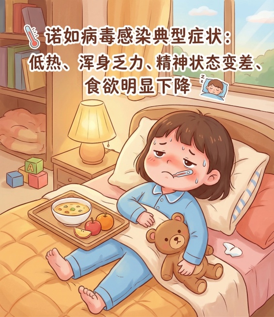 诺如病毒感染典型症状，儿童低热、浑身乏力，精神状态变差，食欲明显下降，保持参考图的卡通可爱手绘插画风格，温暖柔和色调，丰富背景，科普医疗插图预览效果