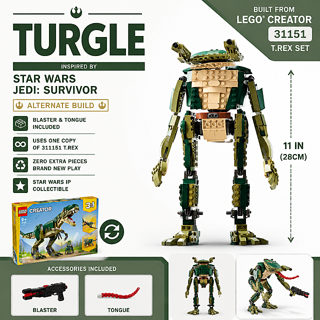 TURGLE MOC积木模型卖点展示，由乐高创意百变311151霸王龙套装改造，零废件全新玩法，拒绝闲置积木，星战IP收藏款，标注11英寸(28cm)高度，附带配件，干净简洁电商主图设计，清晰文字排版，适配亚马逊跨境平台