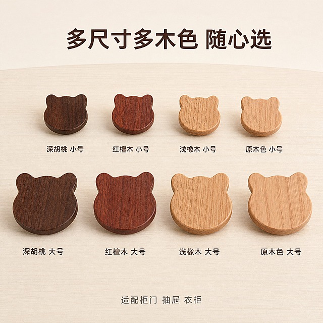 [主图-4] 小熊实木拉手多规格多木色并列展示图，呈现完整产品线。
[统一基调] 温馨原木风居家质感，浅米色干净背景，自然柔和顶光，主标题深胡桃木色粗体无衬线字，辅助文案浅灰色小号字。
[画面] 画面中央整齐排列8只小熊拉手，分上下两排，每排4只。上排为小号尺寸，下排为大号尺寸。从左到右木色依次为：深胡桃木色、红檀木色、浅橡木色、原木色，共4种木色。拉手均为正面45°视角，放置在浅木色展示台面上，下方有均匀柔和的接触阴影。每只拉手下方标注对应的木色名称和尺寸规格。整体排列整齐对称，视觉清晰。
[光影质感] 商业产品陈列摄影质感，均匀柔和顶光，每只拉手木纹清晰，边缘圆润，木质质感温润，大小尺寸对比明确。
[配色] 背景浅米色，展示台面浅木色，拉手呈现四种不同木色的真实质感，文字深棕色，色调统一温暖。
[文字版式] 画面顶部居中主标题「多尺寸多木色 随心选」，每只拉手下方分别标注「深胡桃 小号」「红檀木 小号」「浅橡木 小号」「原木色 小号」和「深胡桃 大号」「红檀木 大号」「浅橡木 大号」「原木色 大号」，文字横排居中，字号适中。画面底部加一行小字「适配柜门 抽屉 衣柜」。
[输出要求] 1:1正方形比例，8只拉手造型准确大小分明，木色区分清晰，文字清晰可读，无变形错字，无水印无平台Logo。