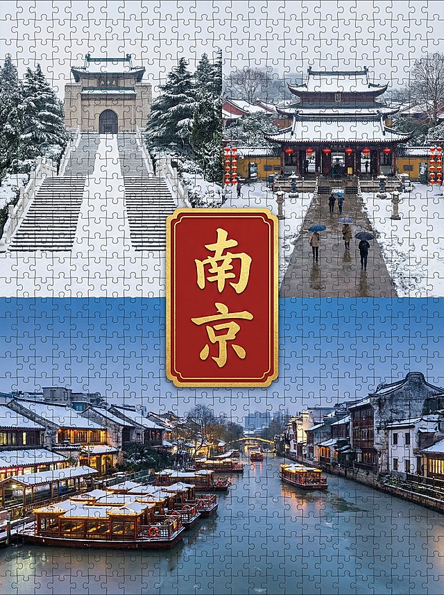 你的任务
帮我制作几份由地区的2到9张拼图出来的风景宣传照片，并在图片中心用正楷标上地点
#地点分别为
南京——金陵城的冬日诗意❄️泉州——闽南古城的暖冬烟火🌞成都——天府之国的慢生活暖冬🌶️三亚——椰林海岸的冬日避寒圣地🌴哈尔滨——冰城的冬日童话世界⛄#备注
要求图片写实，使用香蕉2.0，图片比例3:4，且不要出现任何人的正面照。
#备注
在标记地点时，只需要有地点就行，比如：
江苏·同里——江南古镇慢节奏
就只需要在拼图中间有：江苏·同里就行