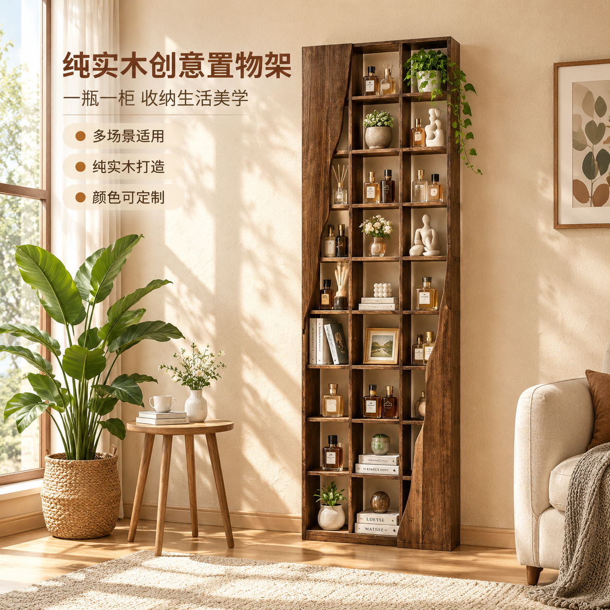 [主图-1] 空间场景与氛围展示，吸睛主图，展示纯实木创意置物… - 图片创意预览