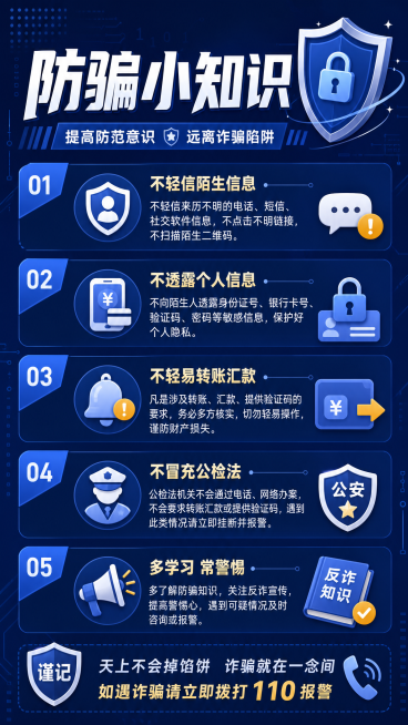 内容饱满的反诈骗宣传海报，简洁深蓝色背景，无大块空白，主标题"防骗小知识"，搭配5个防骗要点文字说明，简单图标点缀，整体干净充实不杂乱预览效果