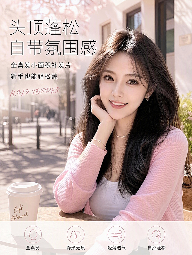 [第1张] 详情页头图-全真发小面积补发片风格宣传海报。本张使用【图5】作为模特佩戴效果主体。
[氛围/风格] 清新韩系画报风，春日樱花街道场景，暖调柔光，商业摄影质感，高级氛围感。
[元素布局] 模特位于画面中央偏右，占比约65%，佩戴黑色长直补发片，八字刘海自然修饰脸型；左侧樱花树街道背景虚化，阳光透过树叶洒下斑驳光影；前景左下角放置一杯咖啡作为道具增加生活气息；补发片发丝乌黑亮泽，头顶蓬松饱满，整体造型自然真实。
[光影质感] 右上方自然柔光照射，发丝根根分明有光泽，面部光线柔和，整体明亮通透，皮肤质感细腻。
[配色色系] 全局底色 #FFF5F0 暖粉白；主色黑色发丝、粉色针织开衫；辅助色樱花粉、米白、浅棕街道。
[视角构图] 正面半身构图，45度微侧，浅景深背景虚化，阅读动线左上标题 → 中部人物 → 底部信息条。
[文字版式] 版式为左上标题 + 右侧人物 + 底部信息条。主标题「头顶蓬松 自带氛围感」，副标题「全真发小面积补发片 新手也能轻松戴」，两行纤细黑体左对齐；标题下手写体英文装饰「HAIR TOPPER」；底部左侧四个小标签「全真发」「隐形无痕」「轻薄透气」「自然蓬松」；文字不遮挡人物面部和发丝。
[比例分辨率] 3:4 竖版比例，width 1200，height 1600，4K分辨率，文字清晰可辨，高清画质。
[负向提示词] 发丝变形，补发片痕迹明显，面部扭曲，水印，文字错乱，产品图模糊，背景杂乱，肤色不均。