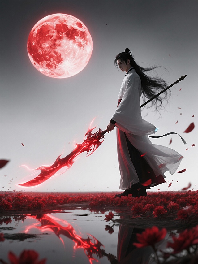 中式古典意境，红月映照下白衣侠客持焰剑伫立花海，水墨与粒子交织，光影流动，3D虚实交融，营造神秘唯美的梦幻视觉冲击。血月古风利刃人物生成