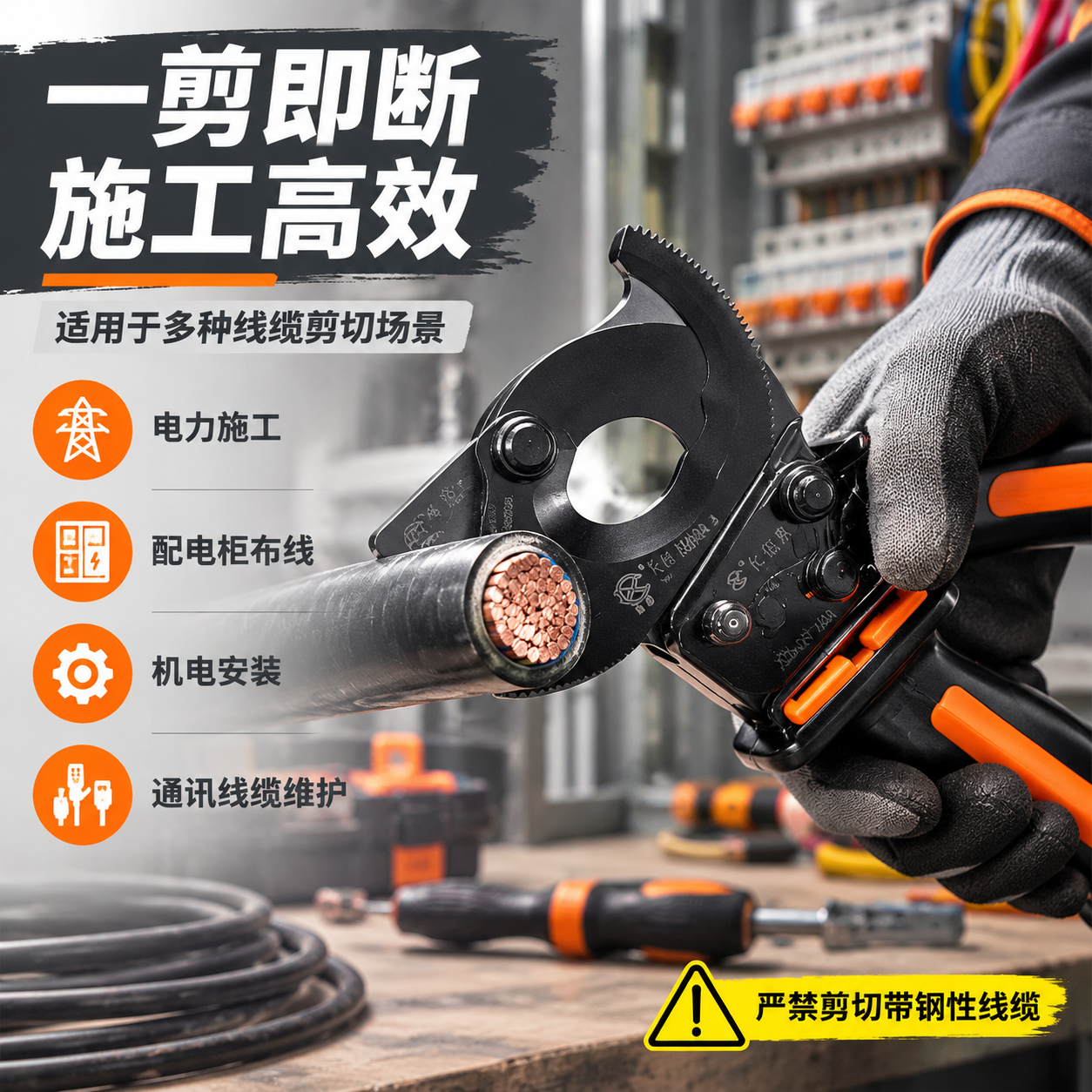 [主图-4] 场景适用与操作演示图，展示电缆剪在真实电工工作场… - 图片创意预览