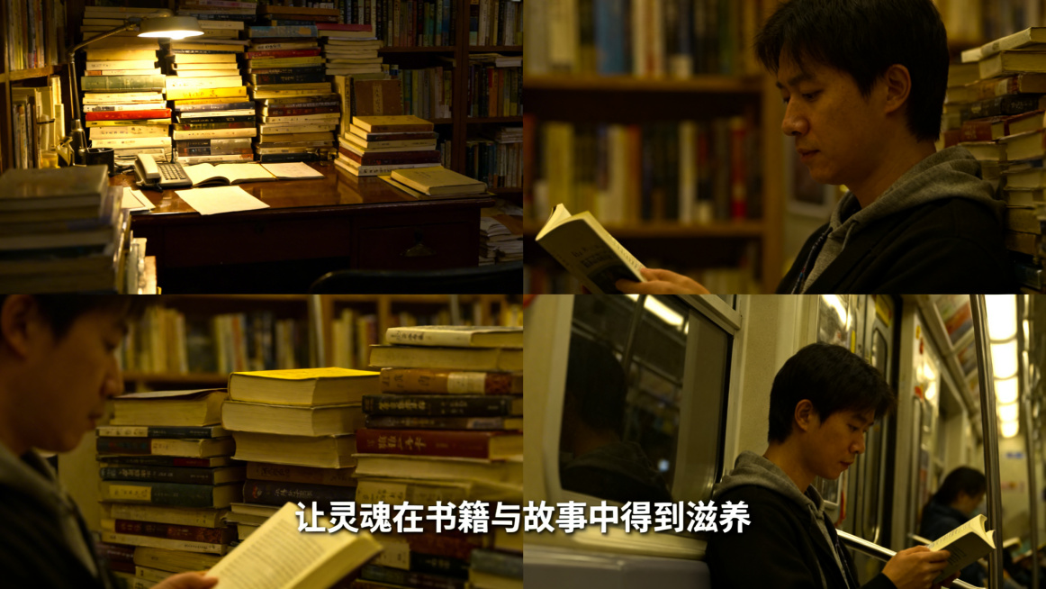 《但是，还有书籍》纪录片风格，展现温暖灯光下的书本、人物与书籍互动的专注神情，比如堆满书籍的编辑案头、二手书店的静谧一角，或读者在地铁上专注阅读的侧影，搭配文字"让灵魂在书籍与故事中得到滋养"预览效果