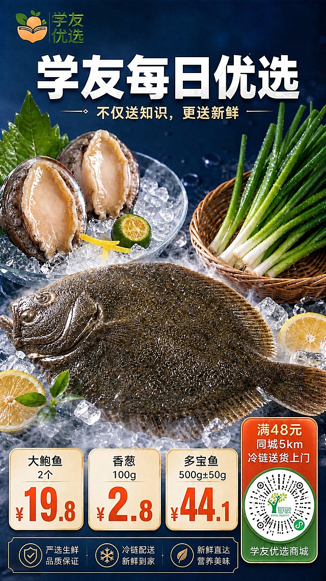 将海报右下角的二维码替换为上传的第二张图中的商城码（绿色学友小树logo在二维码中央，底部有'学友'和'LEARNING PARTNERS'文字，右下角有小程序图标），二维码区域整体改为圆形外框，保持绿色主色调。上方红色标签'满48元 同城5km 冷链送货上门'保持不变，底部绿色条文字改为'学友优选商城'。其余所有画面内容（产品、价格、标题、logo、背景、卖点标签）全部保持原样不动。