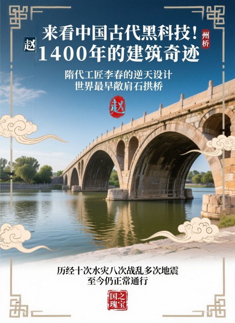 宣传类赵州桥文化海报，抓眼大标题"来看中国古代黑科技！| 赵州桥 1400年的建筑奇迹"，副标题标注"隋代工匠李春的逆天设计 世界最早敞肩石拱桥"，下方补充"历经十次水灾八次战乱多次地震 至今仍正常通预览效果