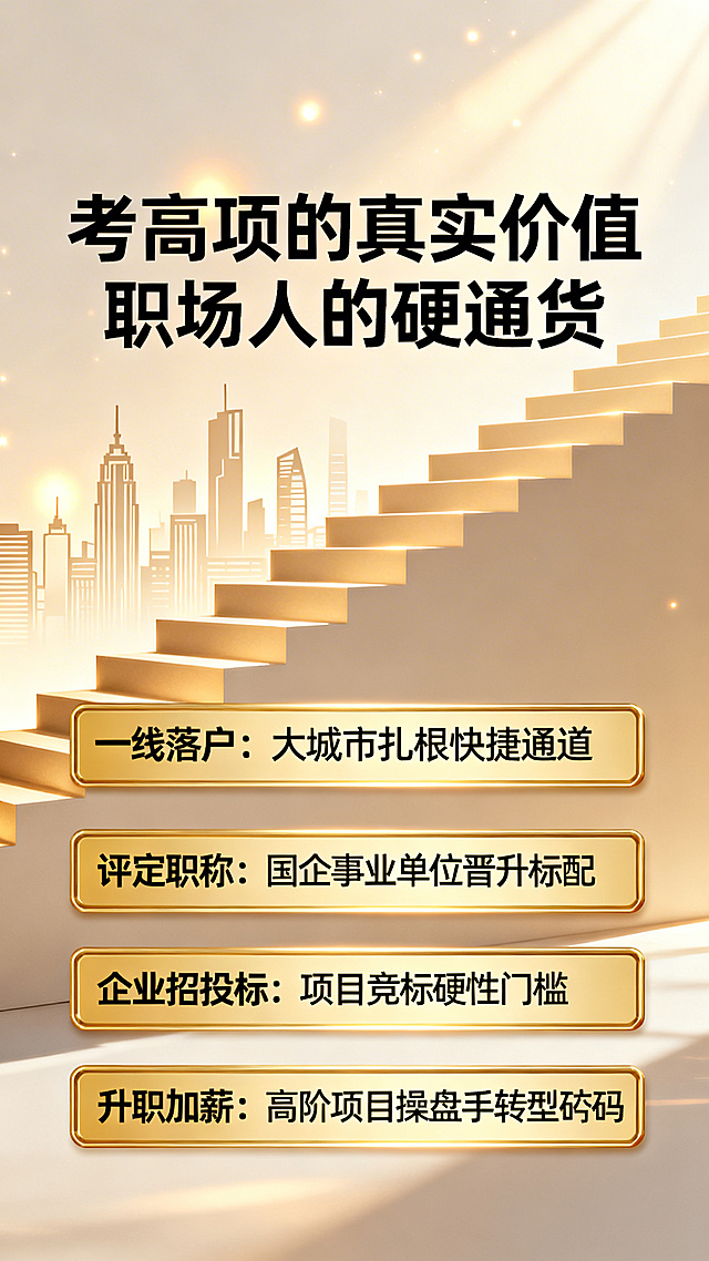 背景为微光勾勒的城市剪影与上升阶梯，标题“考高项的真实价值 职场人的硬通货”，下方用四个金色方框分别展示：“一线落户：大城市扎根快捷通道”“评定职称：国企事业单位晋升标配”“企业招投标：项目竞标硬性门槛”“升职加薪：高阶项目操盘手转型砝码”