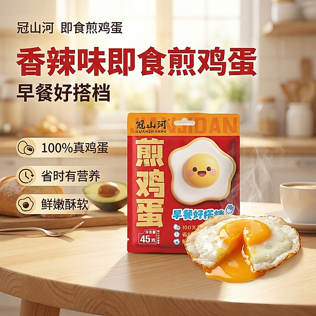 [垫图] https://gdesign-dam-hz.dancf.com/35942465428774027/0d6f43e6ec0a48b1ae53ab740032da19.jpg，即食煎鸡蛋香辣味主图首图，包装居中放置，搭配切开的流心煎鸡蛋实物摆在包装旁，放置在温馨干净的早餐餐桌上，自然暖阳逆光，流心蛋黄微微溢出，增强食欲感，整体氛围温暖有生活气息。左上方文案"冠山河 即食煎鸡蛋"，主标题"香辣味即食煎鸡蛋"字号最大加粗无衬线字体，颜色红色，副标题"早餐好搭档"字号偏小，左下方排列三个卖点："100%真鸡蛋"、"省时有营养"、"鲜嫩酥软"，每个卖点配小图标，整体采用左文右图布局，产品主体占比约60%，背景铺满全屏无边框，主色调为红黄色搭配浅木色餐桌，画面光影自然通透，极具食欲感。