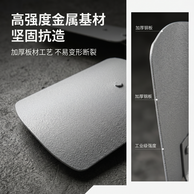 严格还原冷却塔风机风叶产品图，以材质特写为核心，画面聚焦风叶叶片的金属表面，展示哑光浅灰色防腐涂层的细腻纹理，背景为深灰色工业风背景强化材质对比。主标题 "高强度金属基材 坚固抗造"，副标题 "加厚板预览效果