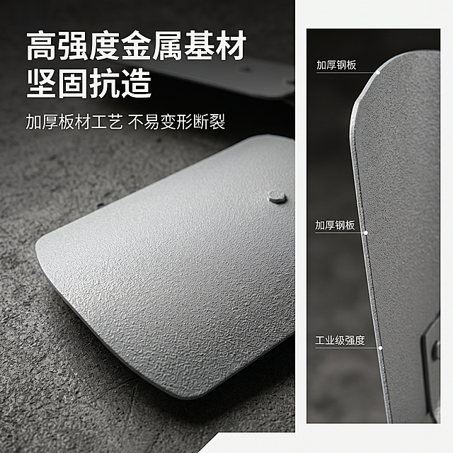 严格还原冷却塔风机风叶产品图，以材质特写为核心，画面聚焦风叶叶片的金属表面，展示哑光浅灰色防腐涂层的细腻纹理，背景为深灰色工业风背景强化材质对比。主标题 "高强度金属基材 坚固抗造"，副标题 "加厚板材工艺 不易变形断裂"，文字采用杂志式左右分栏排版：左侧为无衬线字体的主副标题，右侧为材质特写产品局部图，搭配 "加厚钢板""工业级强度" 的小标签，整体色调沉稳高级，突出材质耐用卖点，1:1 竖版，2K分辨率