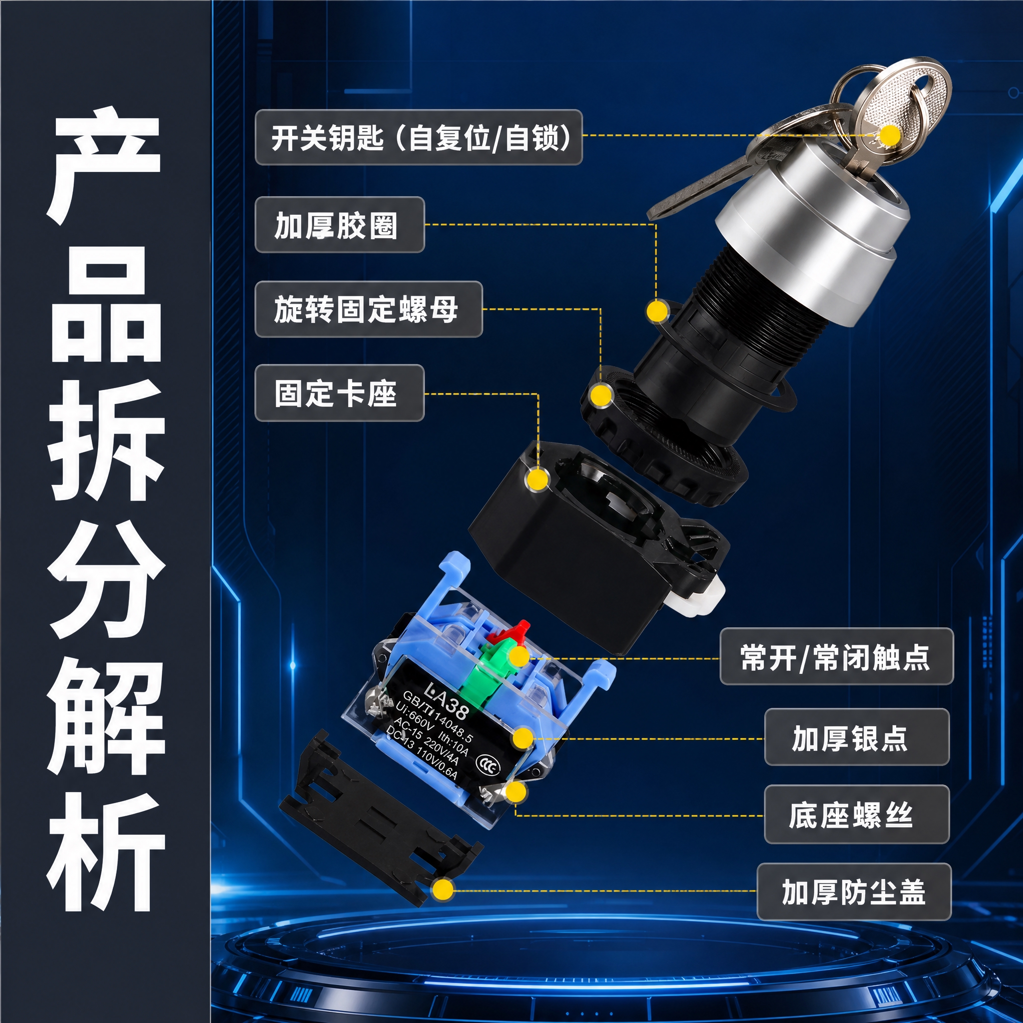 电商主图，LA38钥匙旋钮开关产品拆分解析图，800*800正… - 图片创意预览