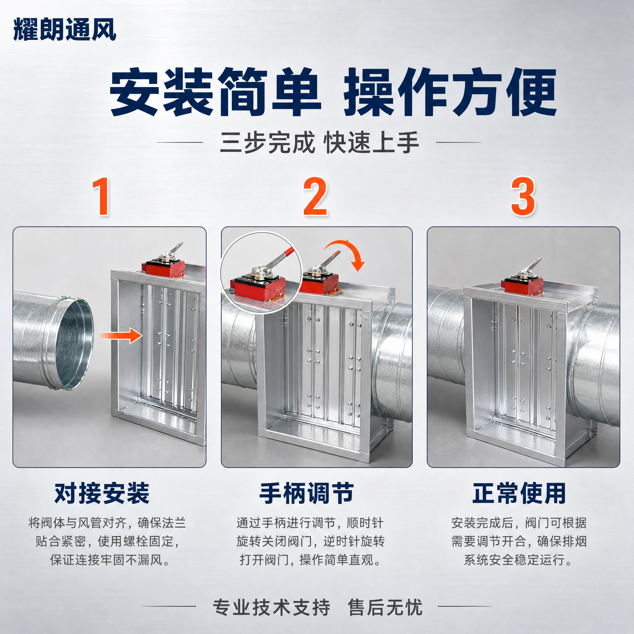 [主图-7] 安装使用说明图，展示排烟防火阀的安装方式和操作使… - 图片创意预览
