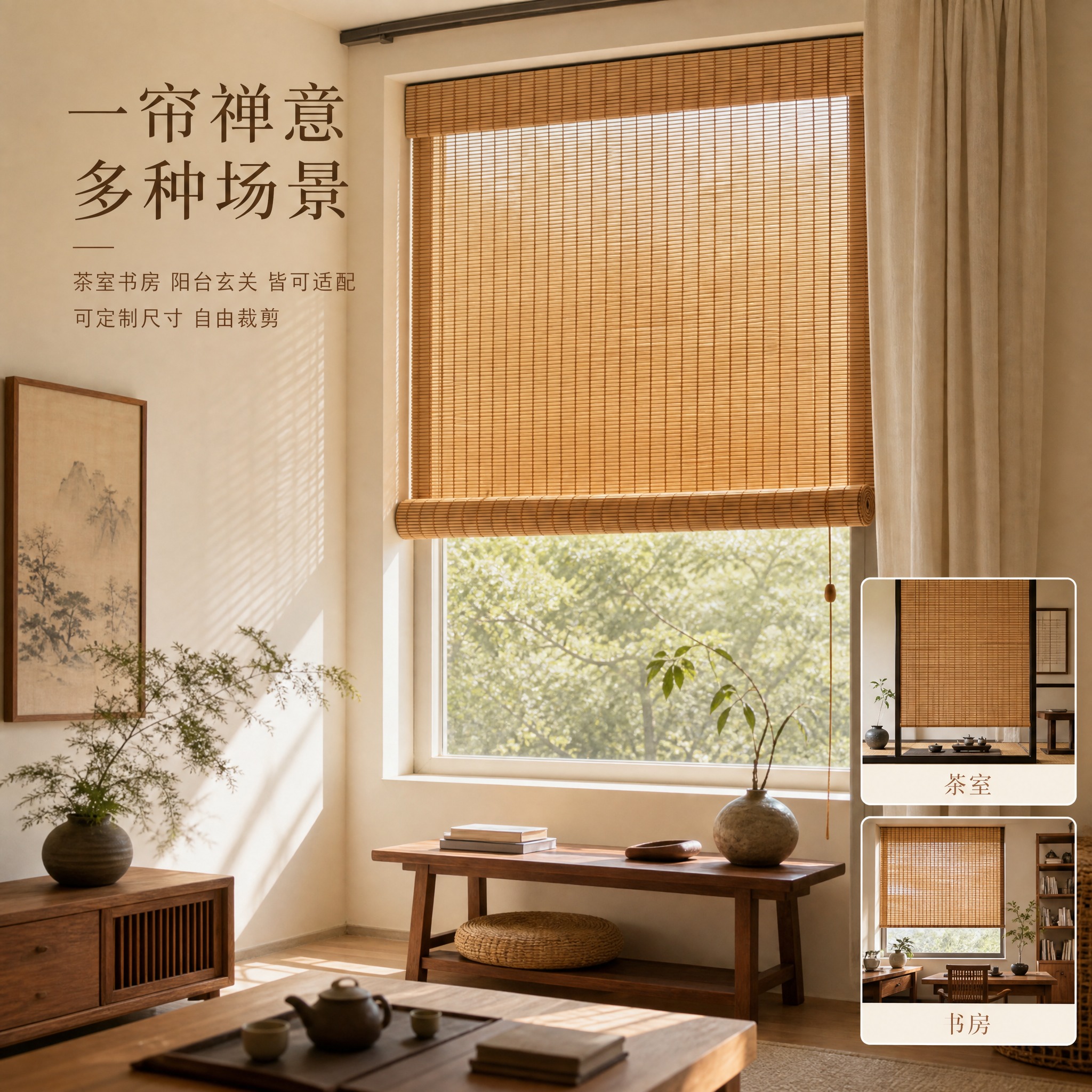 [主图-3] 竹编卷帘场景应用与风格搭配图，展示产品在真实家居… - 图片创意预览