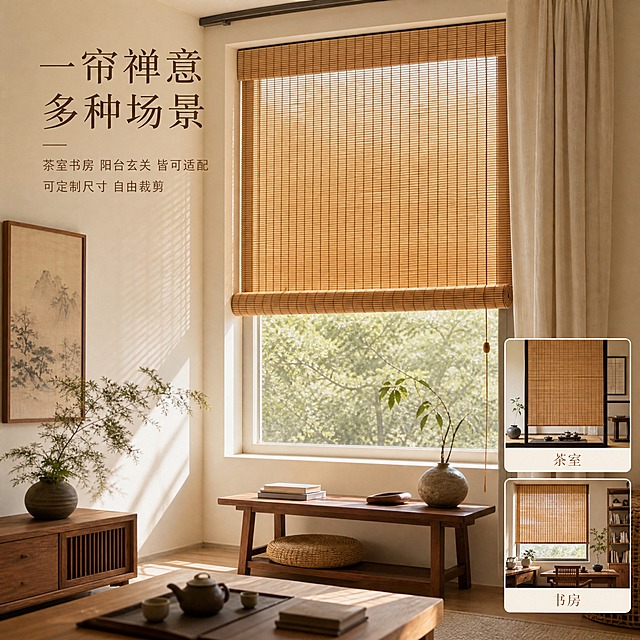 [主图-3] 竹编卷帘场景应用与风格搭配图，展示产品在真实家居空间中的使用效果与适配性。
[统一基调] 中式禅意自然风格，整体色调以原木色、米白、浅棕为主，背景为新中式客厅或书房完整空间场景，自然柔和午后光线；标题字体为简洁衬线体，深棕色主标题，浅棕色辅助文字，无厚重色块。
[画面] 画面展示竹编卷帘安装在窗户上的真实使用场景，主体占比约60%，采用平视角度。竹帘半垂或半卷状态，柔和的自然光透过竹帘洒入室内，在地面和墙面形成美丽的条状光影，体现遮阳调光功能。空间内可见原木家具、素色窗帘、绿植点缀，营造温馨雅致的中式家居氛围。画面右下角或侧边用小图形式补充展示另一种应用场景（如茶室隔断/玄关装饰），体现产品多场景适配。竹帘的外观、颜色、编织纹理与输入图保持一致。
[光影质感] 商业摄影质感，午后自然光从窗外透过竹帘射入，形成独特的光影条纹效果，竹帘本身有自然的明暗层次，空间光影柔和温暖，产品与场景融合自然，边缘无硬切感。
[配色] 主色调原木色、米白、暖棕；背景为暖白墙面与浅木色家具；标题字色深棕色，辅助文字浅棕色，整体色调温暖统一。
[文字版式] 画面上方或左侧主标题"一帘禅意 多种场景"；下方两行辅助文字"茶室书房 阳台玄关 皆可适配""可定制尺寸 自由裁剪"；小场景图标注对应场景名称如"茶室""书房"。文字横排，字体统一为衬线体，放在画面负空间，不遮挡竹帘主体。
[输出要求] 1440*1440像素正方形，1:1比例，场景真实自然，产品融入感强，竹帘纹理清晰，文字清晰可读；禁止出现平台Logo、水印、错字、模糊、产品悬浮变形、边缘硬切。