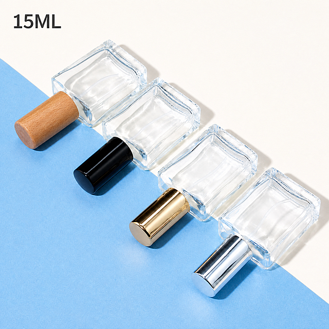 15ML clear flat square perfume bottles with multiple caps. Change the top background to pure light off-white, keep the blue paper and original arrangement of four bottles unchanged, add the text "15ML" in the top left corner, keep other features unchanged, high definition, soft natural light, clear glass and cap texture, 1:1 square, no distortion, no watermark.