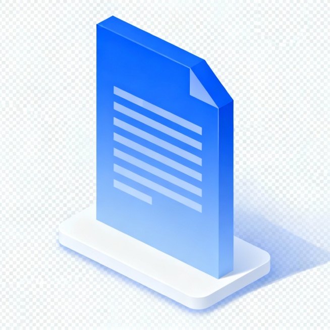 参考上传图片的蓝色渐变立体风格，生成一个报关单形状的立体图标，图标下方有白色薄底座，整体简洁几何设计，带有轻微阴影和高光效果，透明背景预览效果