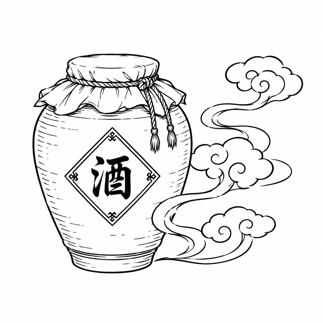 白底黑色线条绘制的传统中式酒坛与祥云图案。左侧一个古朴的陶制酒… - 图片创意预览